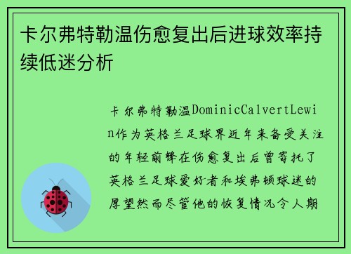 卡尔弗特勒温伤愈复出后进球效率持续低迷分析 卡尔弗特勒温伤愈复出后进球效率持续低迷分析